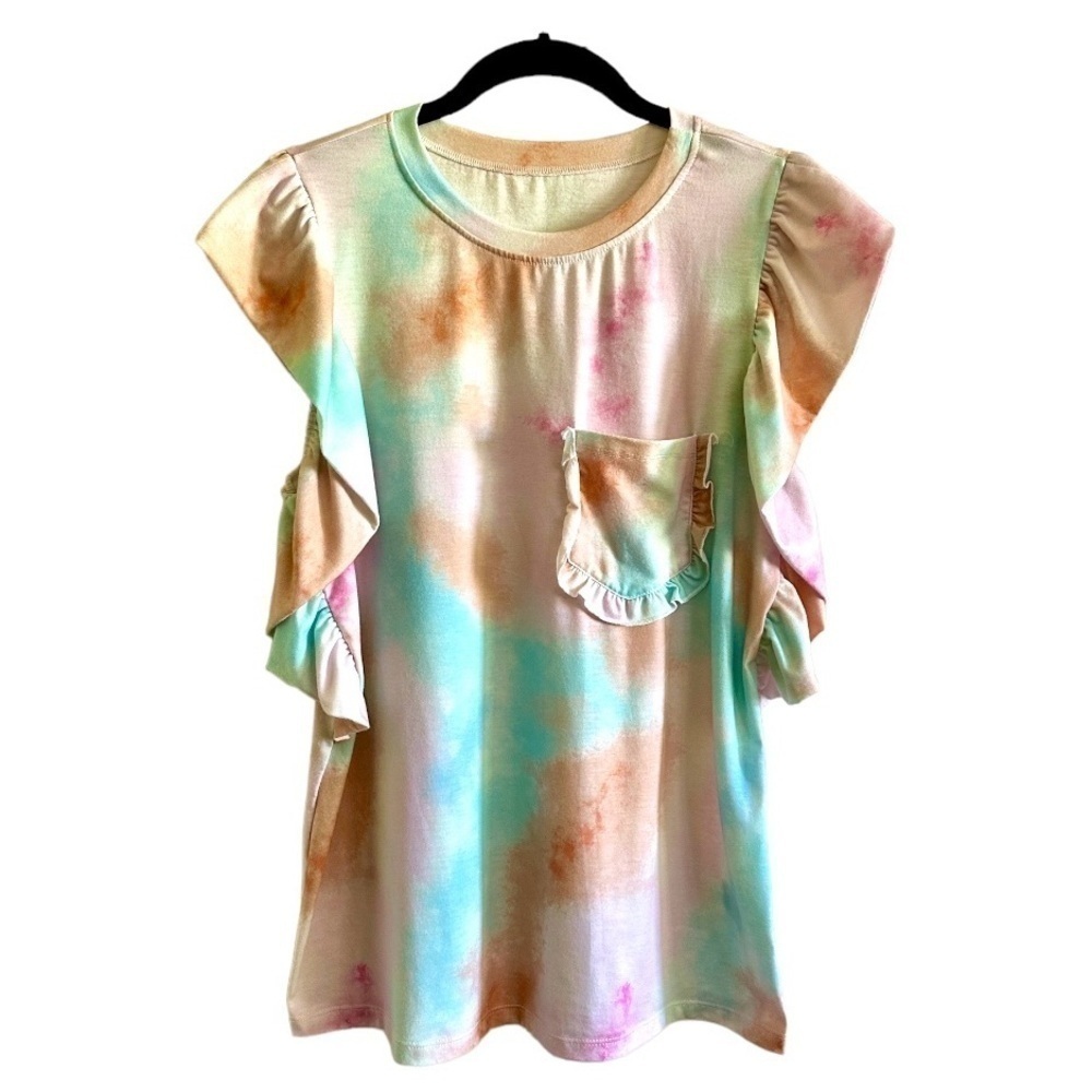 NO BRAND, NWOT, GREEN/PINK/TAN, TIE DYED SHIRT. RUFFLED CAP SLEEVE. NO SIZE - Picture 2 of 6