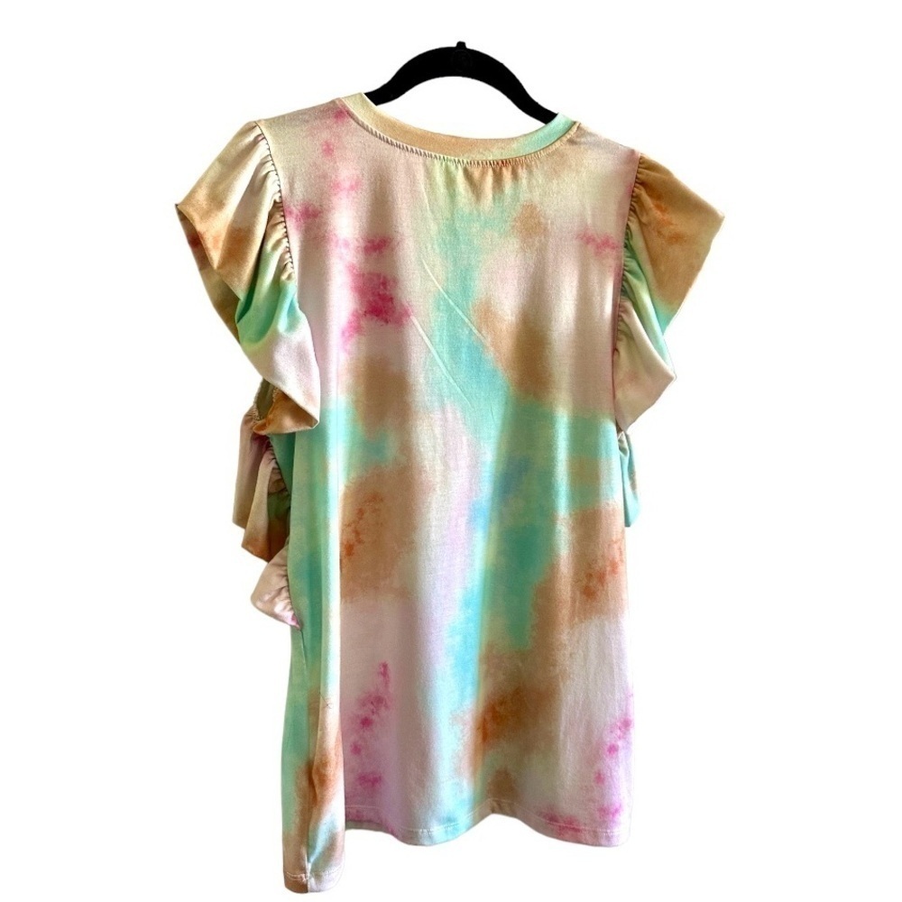 NO BRAND, NWOT, GREEN/PINK/TAN, TIE DYED SHIRT. RUFFLED CAP SLEEVE. NO SIZE - Picture 6 of 6
