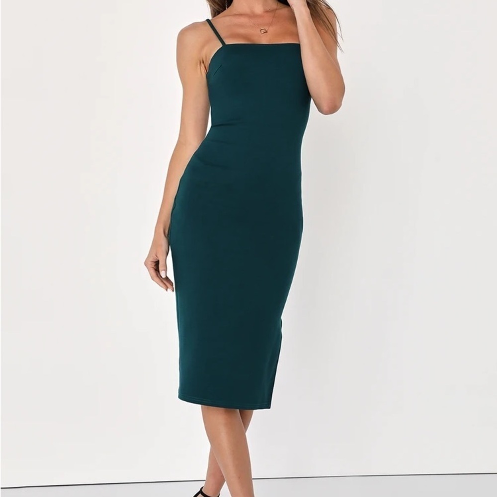 Lulu's Green Sheath Midi Dress Spaghetti Strap
