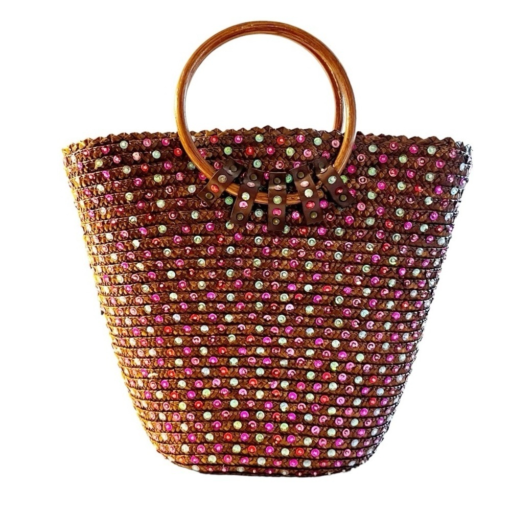 Victoria Secret sequined basket bag with wooden handles. Vintage