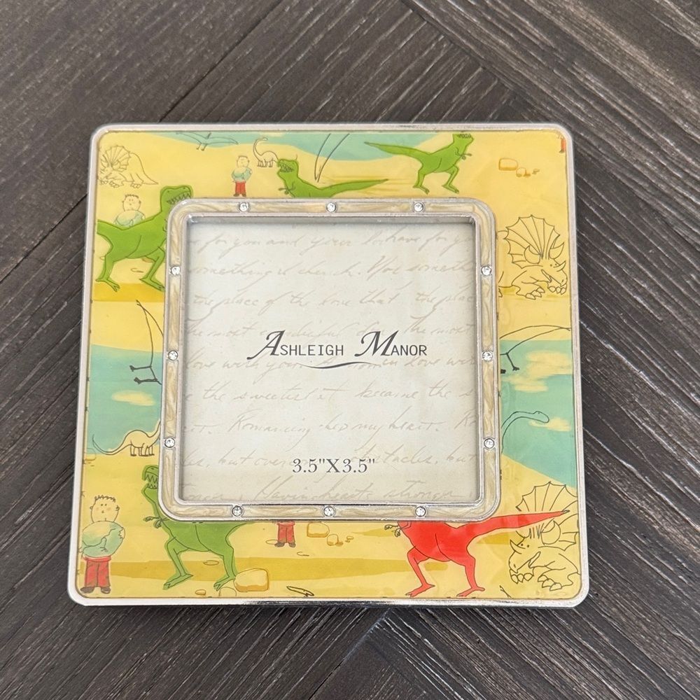 Dinosaur Picture Frame Metal Yellow Green 3.5x3.5 Kids Room Decor Nursery Dino