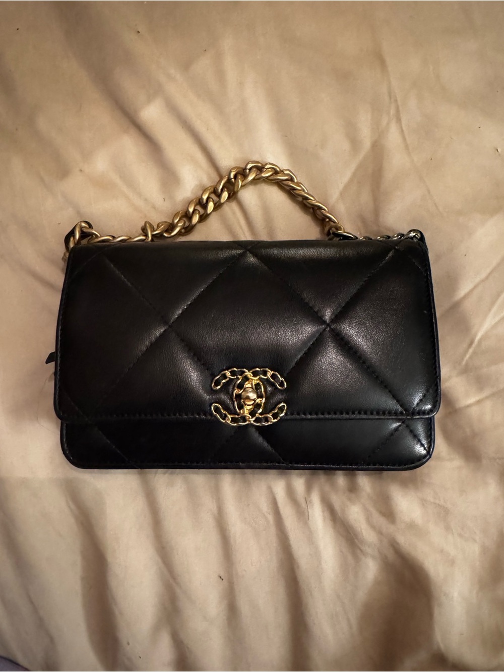 CHANEL Agneau Brill Black Mini Shoulder Bag with Gold Chain