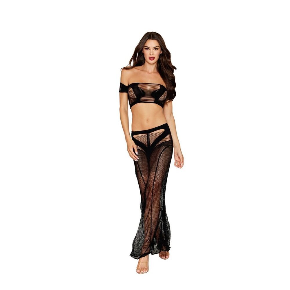 Dreamgirl Black Fishnet Lingerie Set Bralette & Maxi‎ Skirt Two Piece One Size