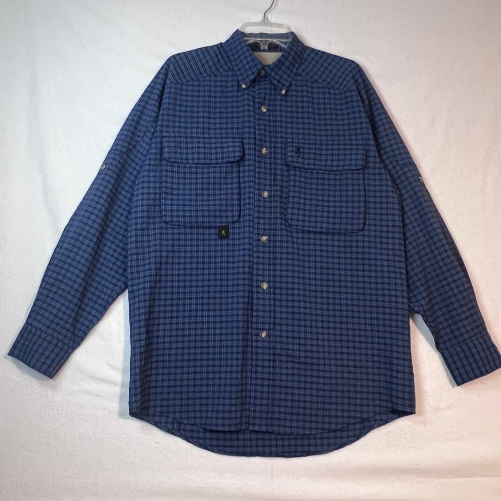 Browning RBO Travel Gear Mens MD Blue Plaid Shirt Long‎ Sleeve Button Up Fishing