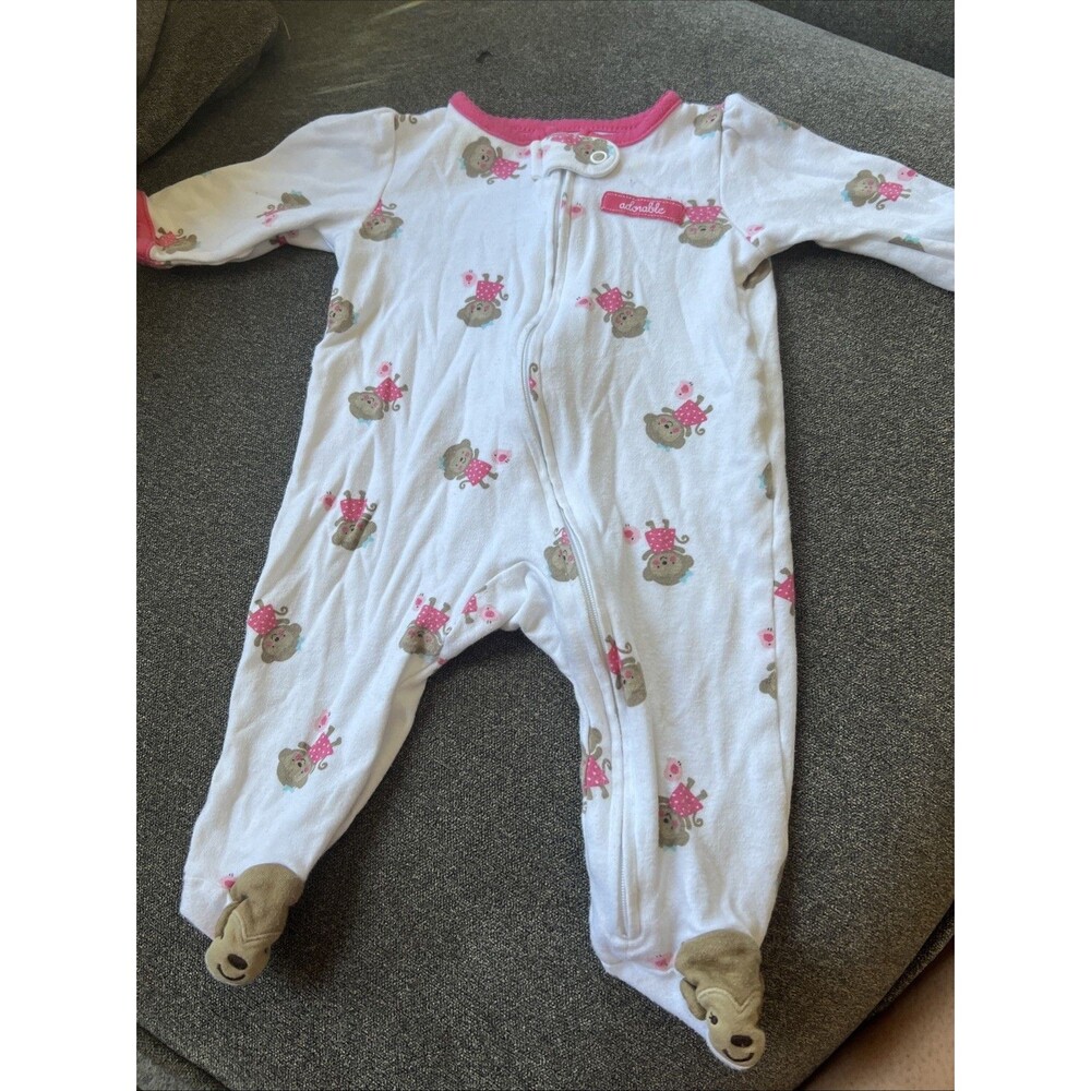 Infants 0-3 Month Carter‎ Girls Footed Zip Up Pajama White & Pink Monkeys