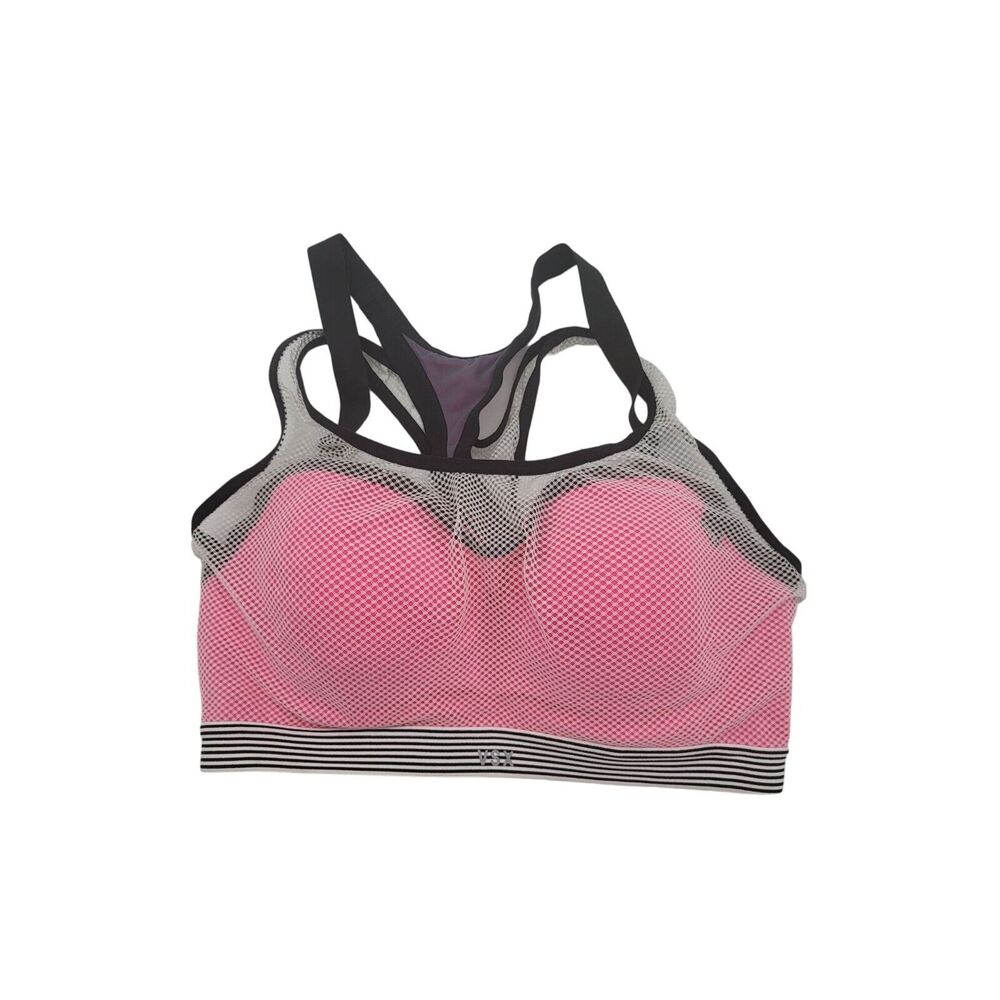Victoria Secret Sport Bra 32DD Womens Pink Mesh‎ Overlay Striped Underwired