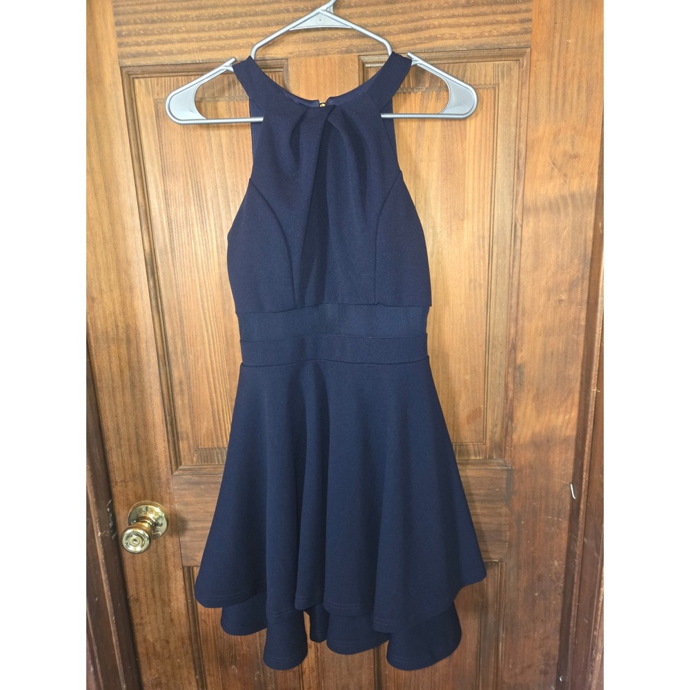 Emerald Sundae Navy Blue Halter Neck Tiered Fit & Flare Mini Dress Small