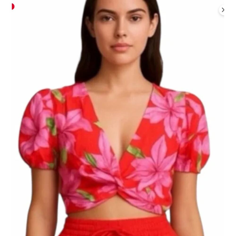 LULUMARI Tropical Floral Twist Front Crop Top Puff Sleeve Red Pink