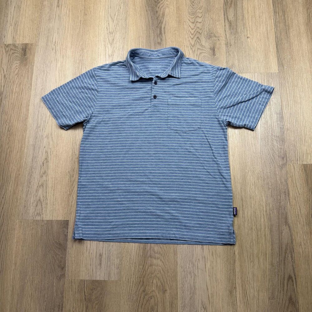 Patagonia Polo Shirt Mens Medium Blue Striped Organic Cotton Pocket Casual