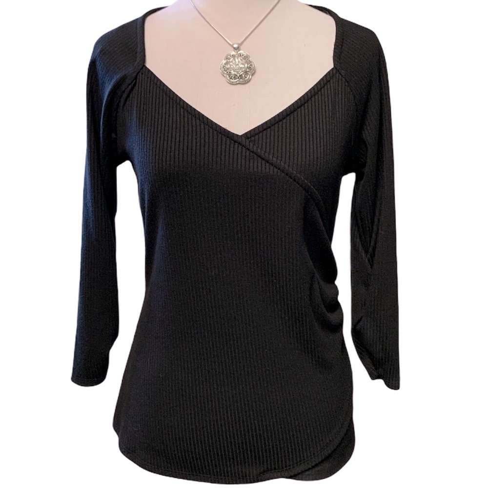 Jennifer Lopez black ribbed crossover knit top