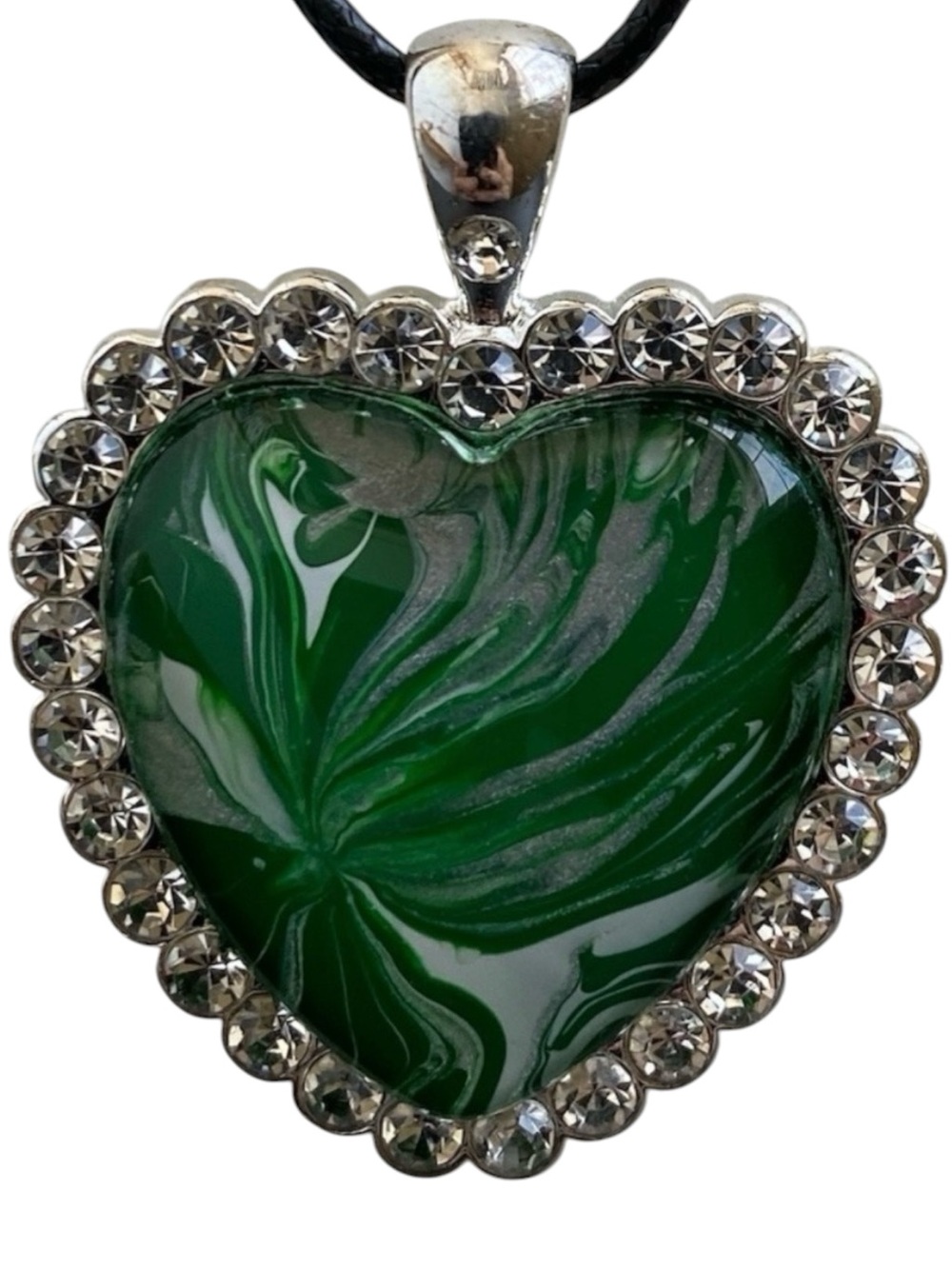 Hand Crafted Fluid Art Necklace Green and Silver Heart Pendant by Svetlana Yeung