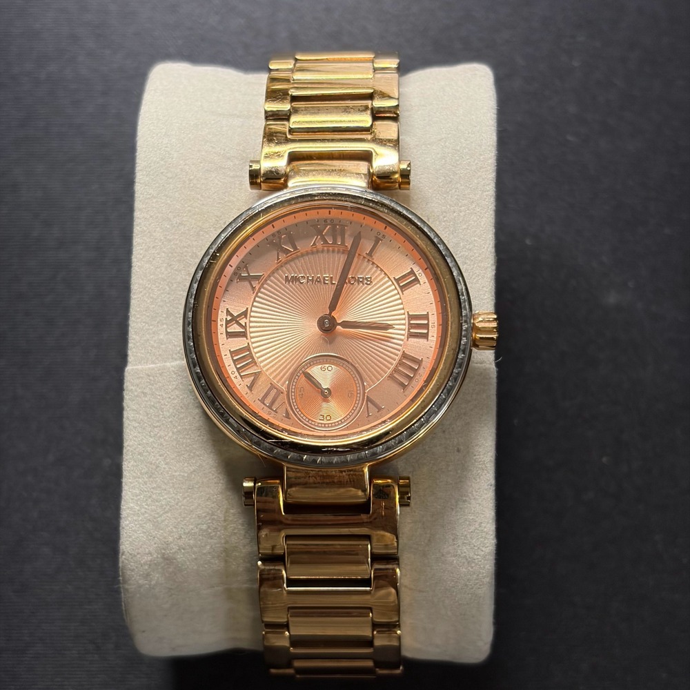 Michael Kors MK-5971 Women Watch Rose Gold Roman Numeral Baguette Crystal