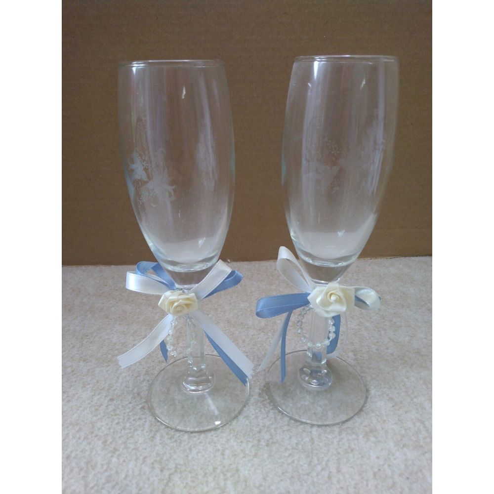 Vintage Wedding Champagne Flutes Set of 2 Etched Doves Blue White Ribbon  8.5"