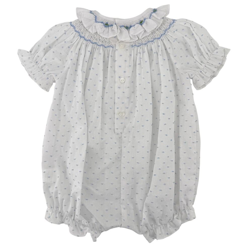 Edgehill Collection Baby Girl Smocked Blue Swiss Dot Bubble Romper Size 12M - Picture 3 of 6
