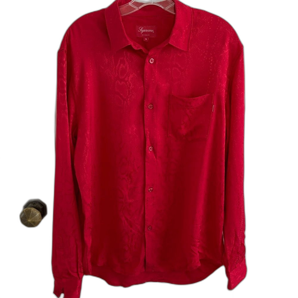 NWOT Supreme Cherry Red Satin Jacquard Snakeskin Button Mens Shirt Sz M
