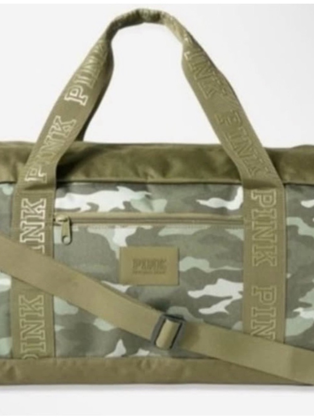 Like New PINK Victoria's Secret Olive Camo Duffel with Dark Green Straps