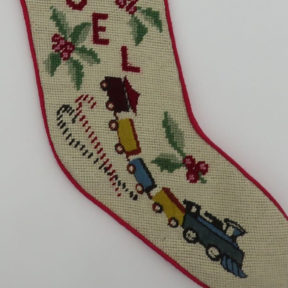 VTG Handmade Noel Toys Gifts Needlepoint Christmas Stocking Ben Candy Cane Holly - Picture 4 of 8