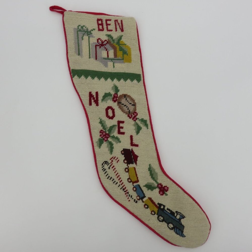 VTG Handmade Noel Toys Gifts Needlepoint Christmas Stocking Ben Candy Cane Holly - Picture 8 of 8
