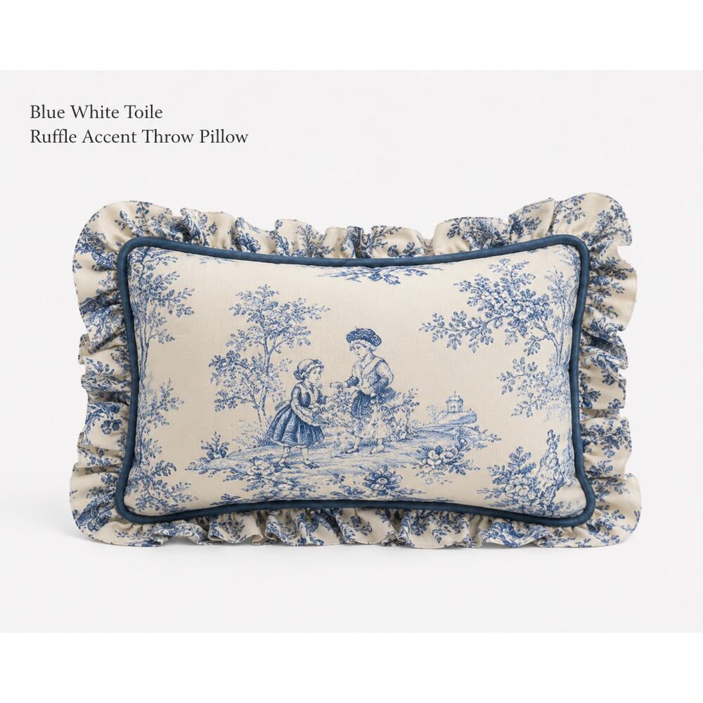 Blue White Toile Ruffle Accent Throw Pillow Cottagecore Decor