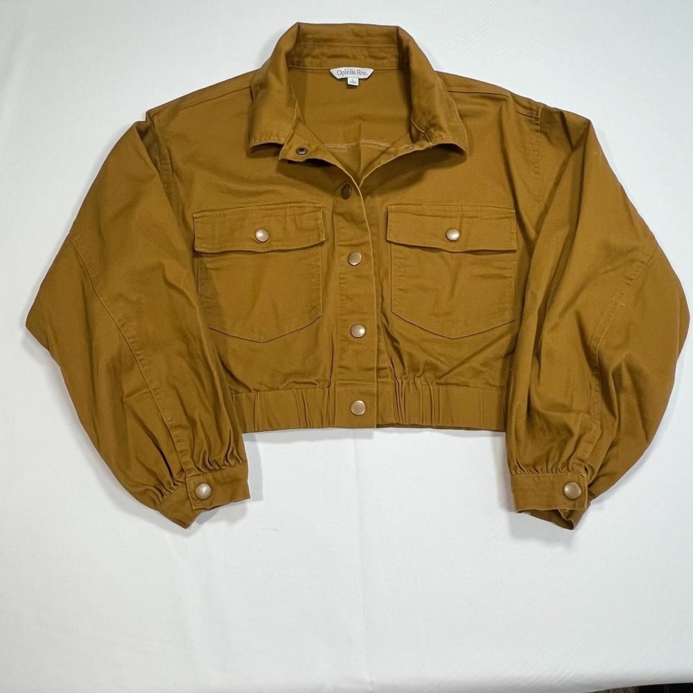 Ophelia Roe Crop Jacket Golden Brown Women's LG Ballon‎ Sleeve Snap Closure