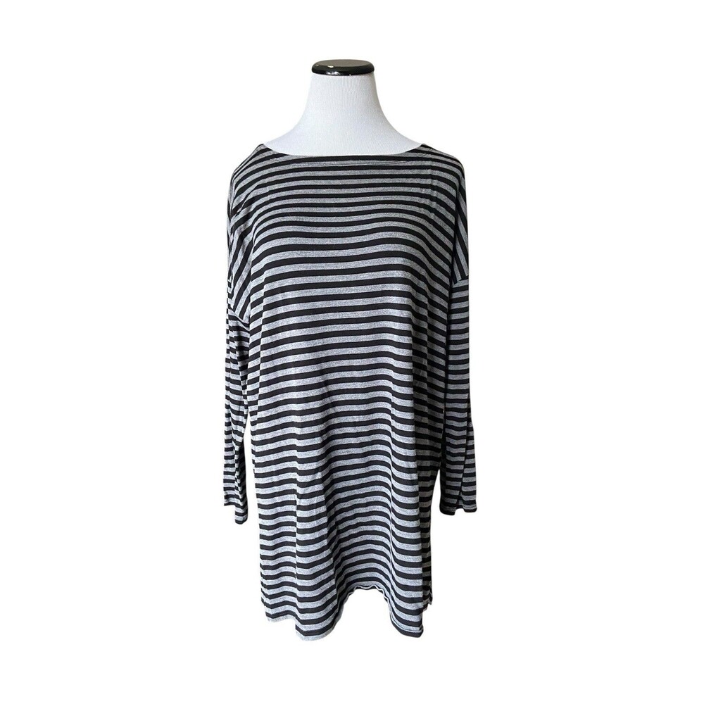 Eileen Fisher Tencel Tunic Top Size M‎ Gray Striped Minimalist Elevated Casual
