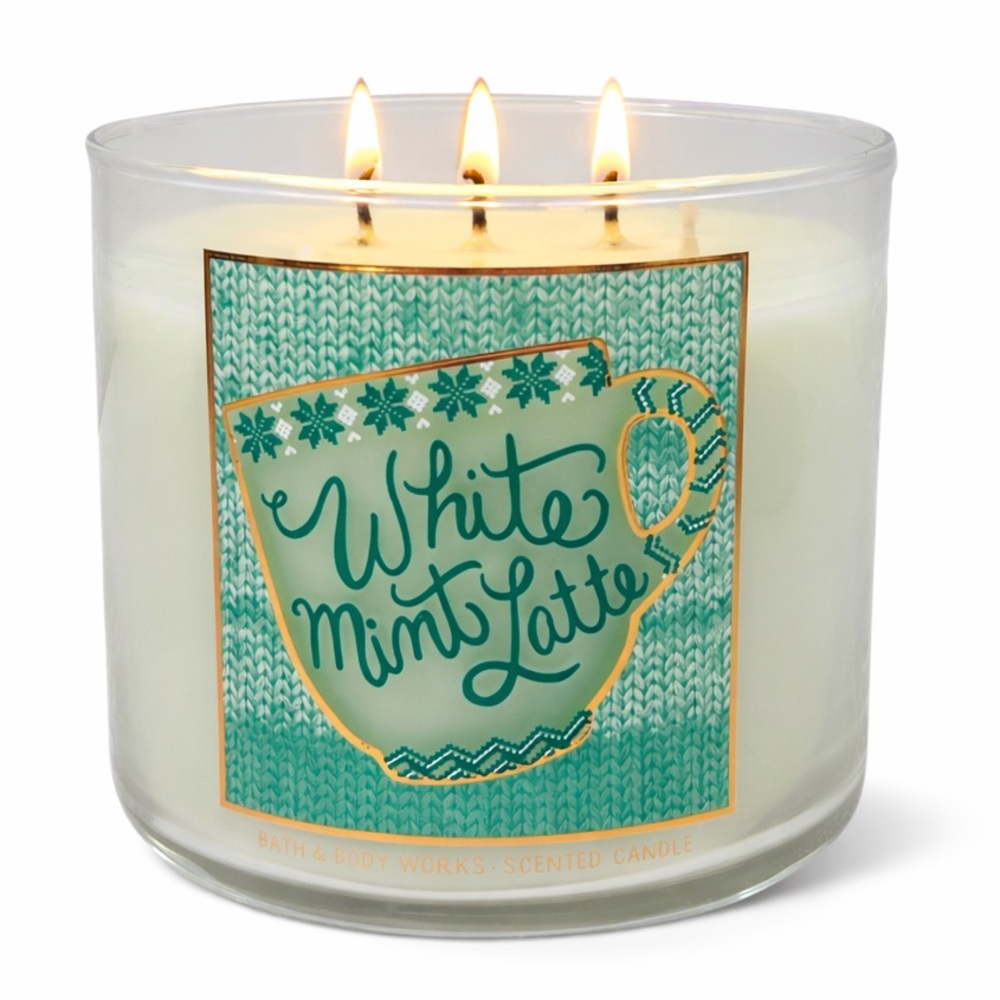 Bath & Body Works White‎ Mint Latte 3 Wick Candle Natural Essential Oils