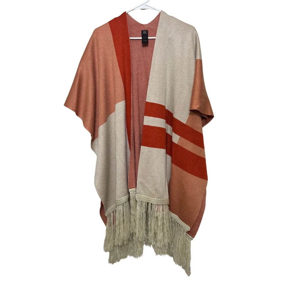 FRYE Womens patchwork Fringe Poncho Wrap Shawl - Picture 1 of 5