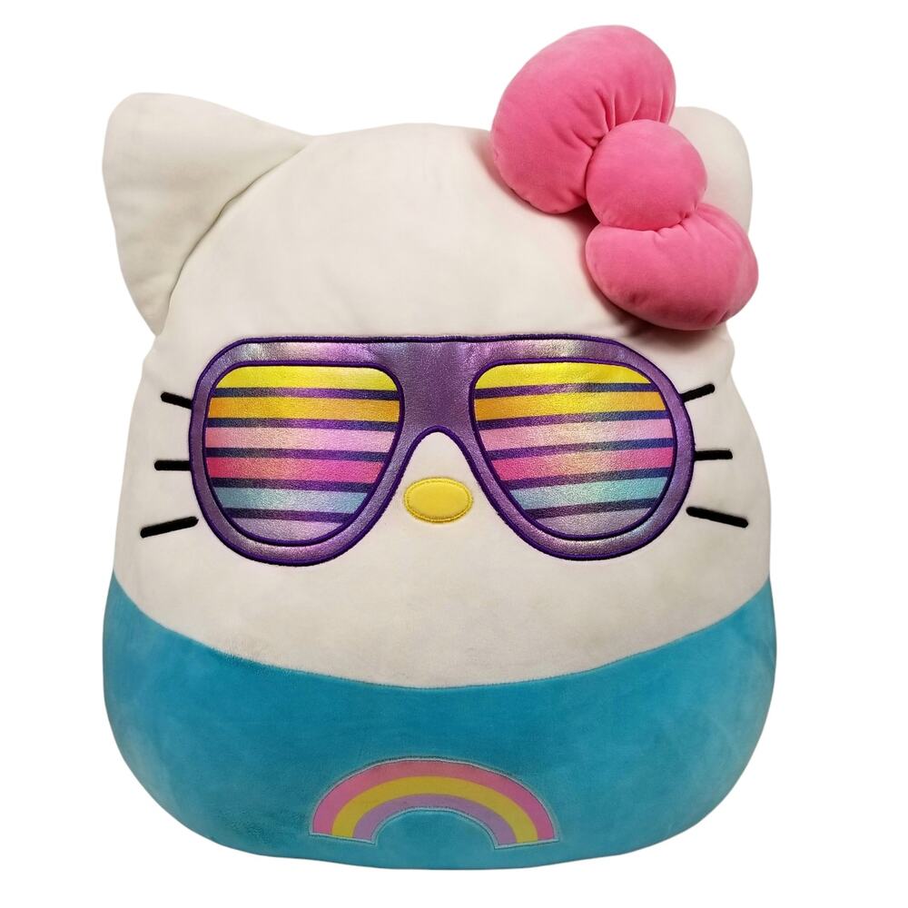 Plush Rainbow Sunglasses Kitty Stuffed Toy - Pink Bow, Blue Base