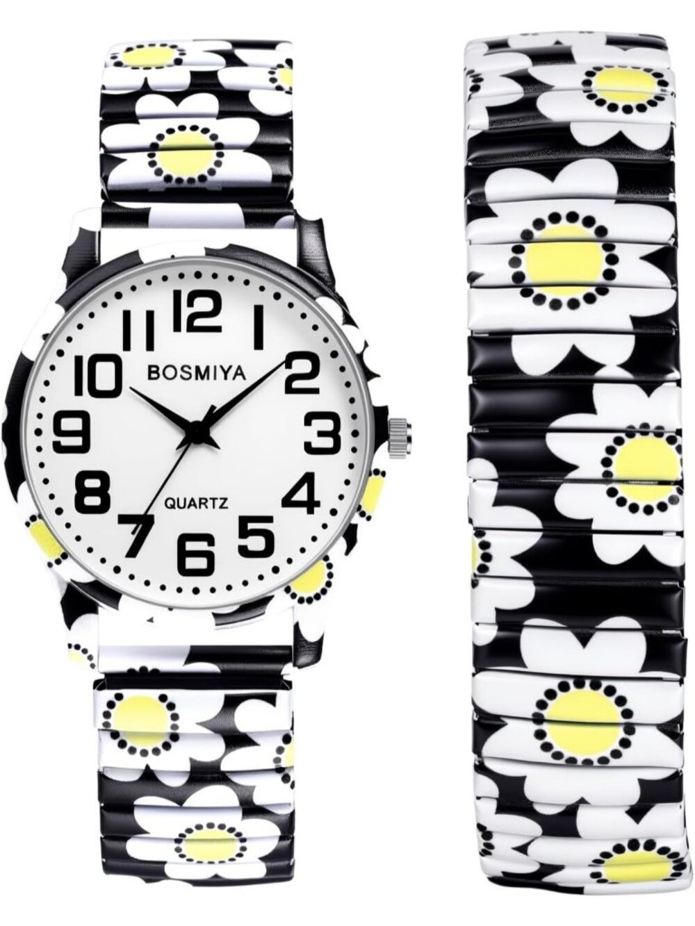 Women's White Flowers Analog Number Elastic Stretch Band Bohemia Bracelet Watch
