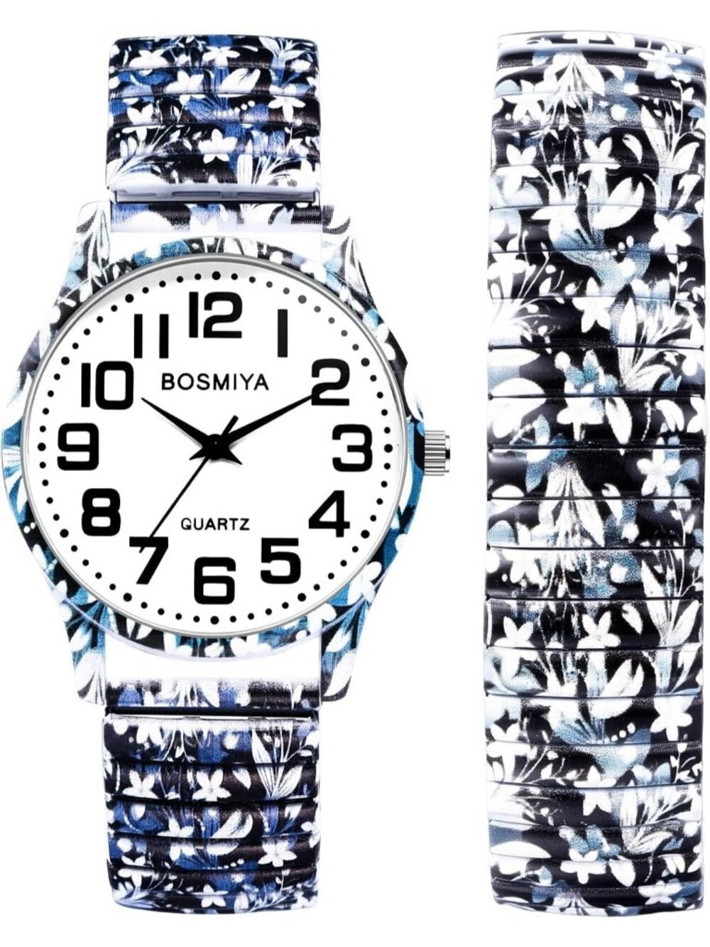 Women's Black Flowers Analog Number Elastic Stretch Band Bohemia Bracelet Watch