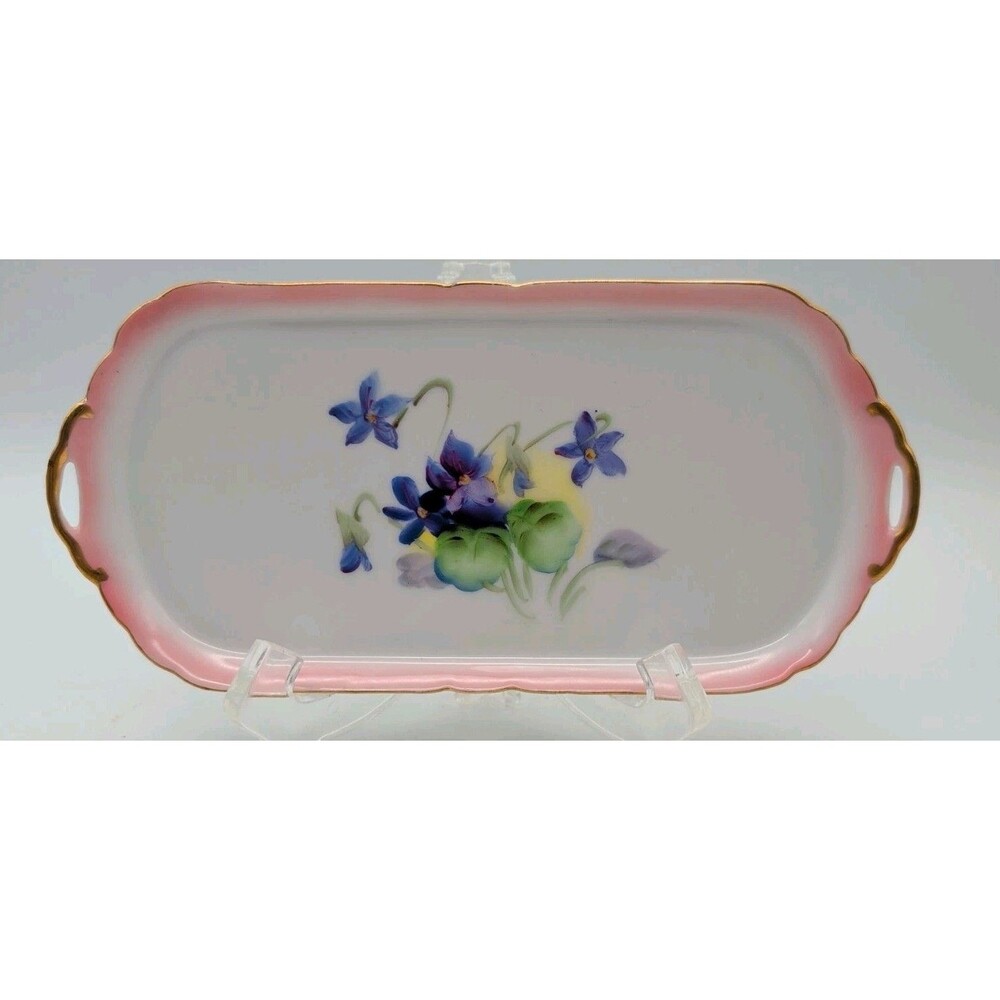 Antique Porcelain Vanity Tray Violet Hand Painted Japan Handled Gold
