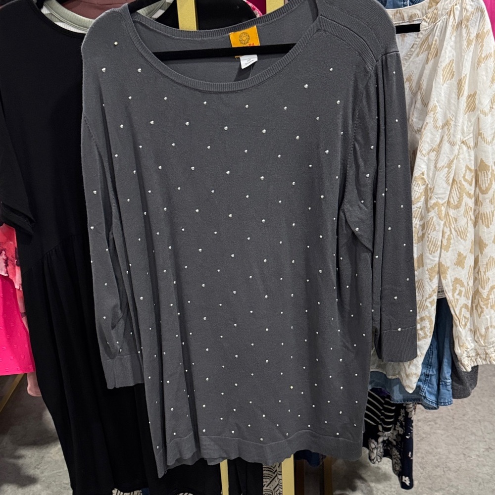 Ruby Rd. Charcoal Gray Rhinestone Detail Knit Top