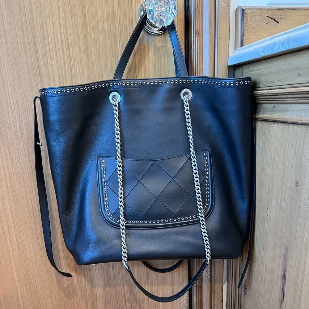 CHANEL COCO EYELET LARGE SHOPPING TOTE Black Calfskin Chain CC Bag Rare - Picture 2 of 16