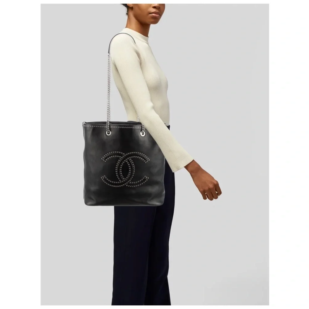 CHANEL COCO EYELET LARGE SHOPPING TOTE Black Calfskin Chain CC Bag Rare - Picture 12 of 16