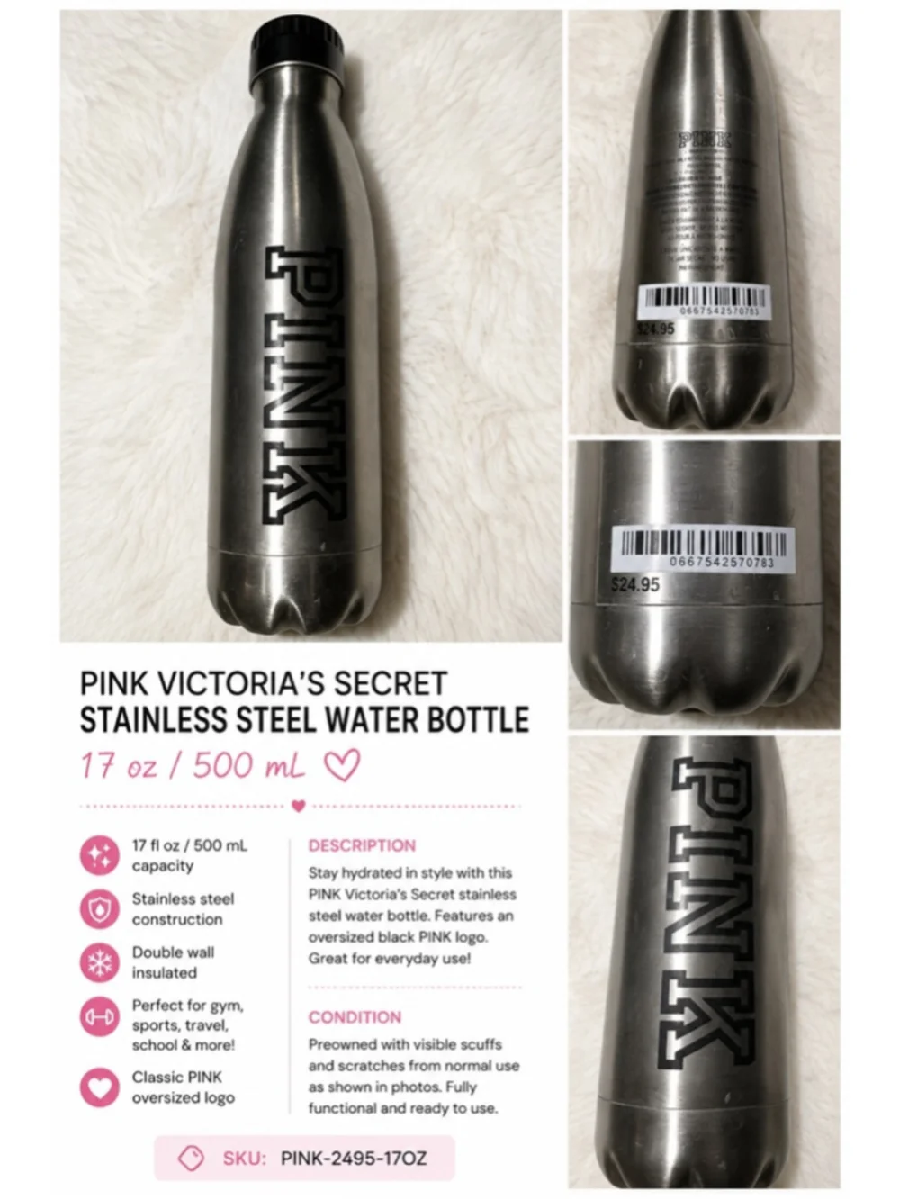 PINK Victoria’s Secret Stainless Steel Water Bottle Black Logo 17oz - Picture 1 of 5