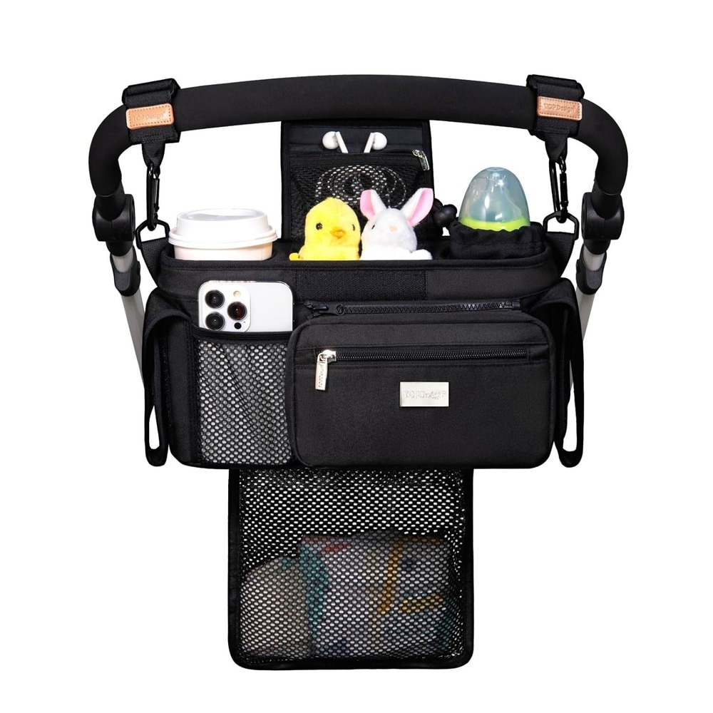 TOPDesign Stroller Organizer Caddy Black Cup Holders Mesh Bag Universal