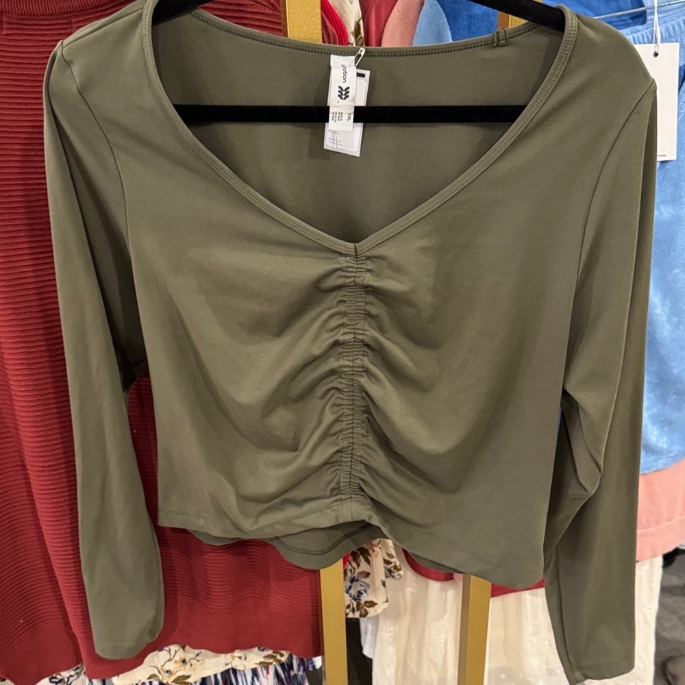 all in motion Olive Green Ruched V-Neck Long Sleeve Crop Top