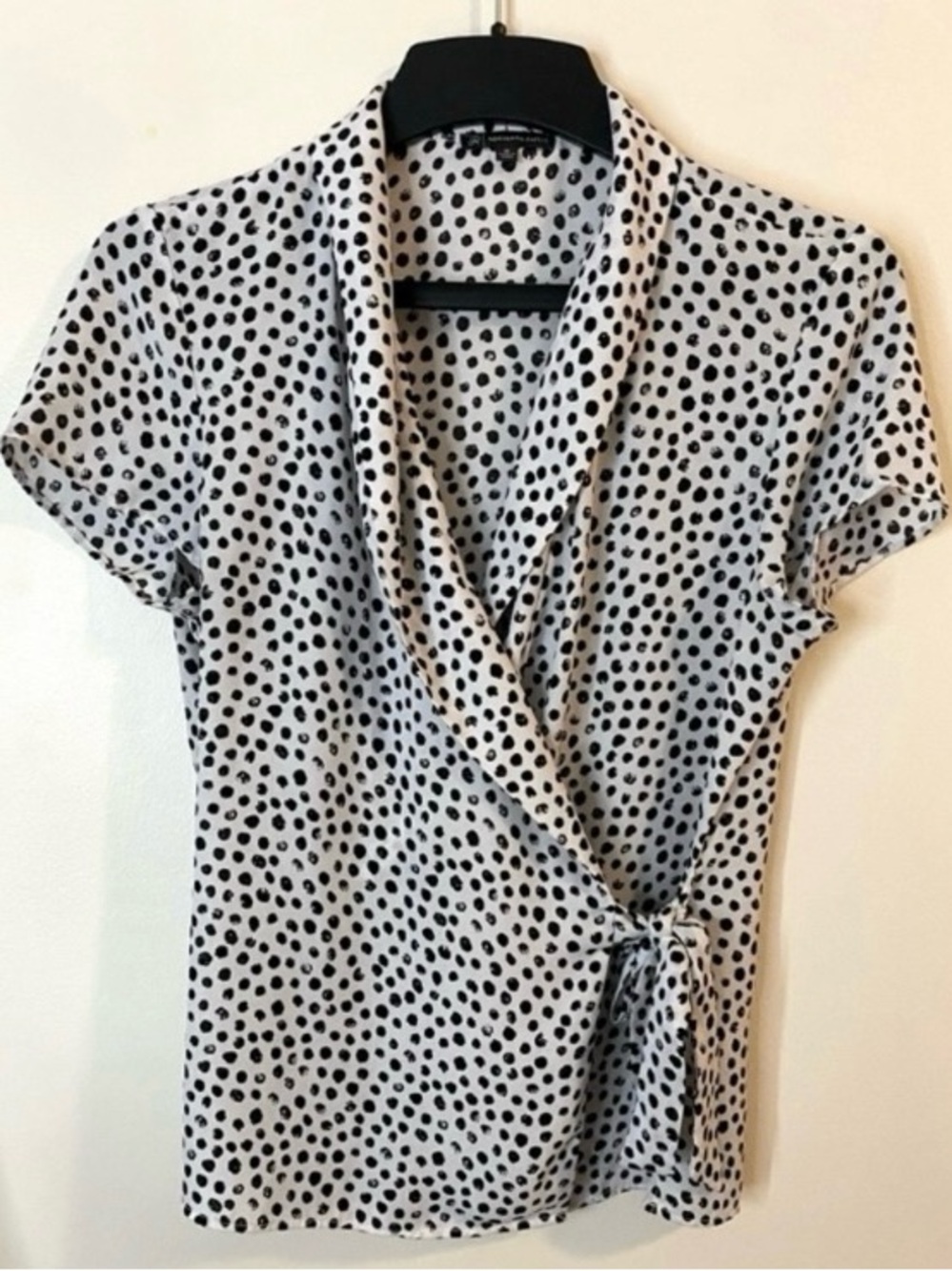 Adrianna Papell Black and White Polka Dot Wrap Blouse