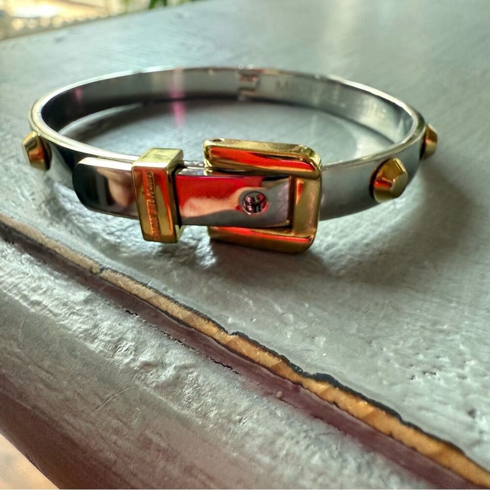Michael Kors Silver & Gold Tone Buckle Hinged Bangle Bracelet - Picture 2 of 11