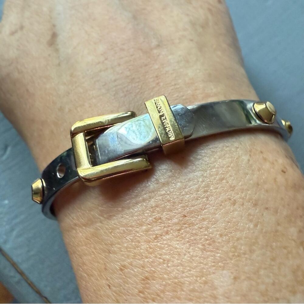 Michael Kors Silver & Gold Tone Buckle Hinged Bangle Bracelet - Picture 9 of 11