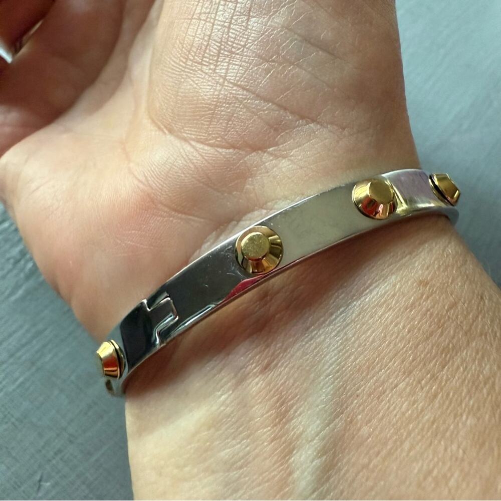 Michael Kors Silver & Gold Tone Buckle Hinged Bangle Bracelet - Picture 6 of 11
