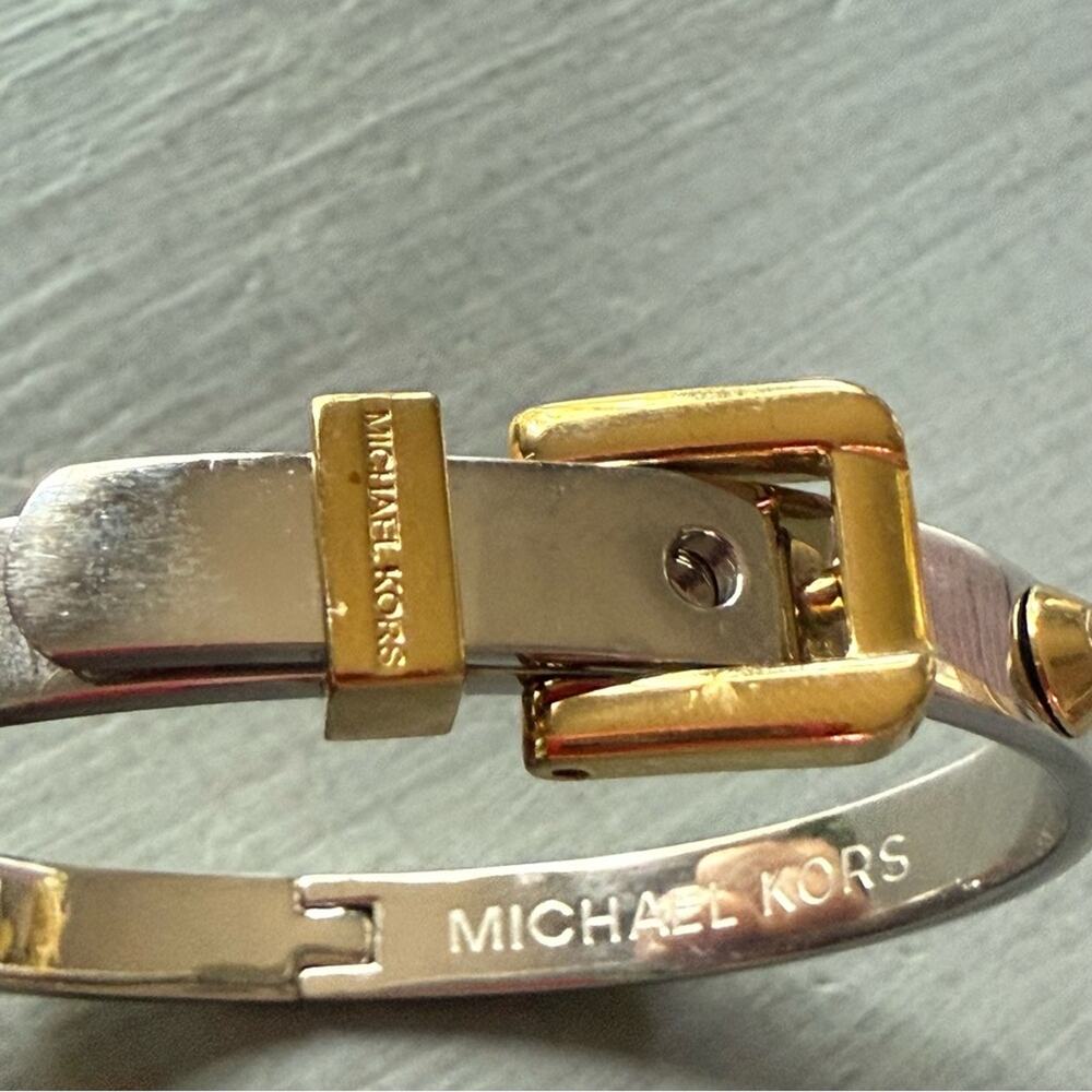 Michael Kors Silver & Gold Tone Buckle Hinged Bangle Bracelet - Picture 10 of 11