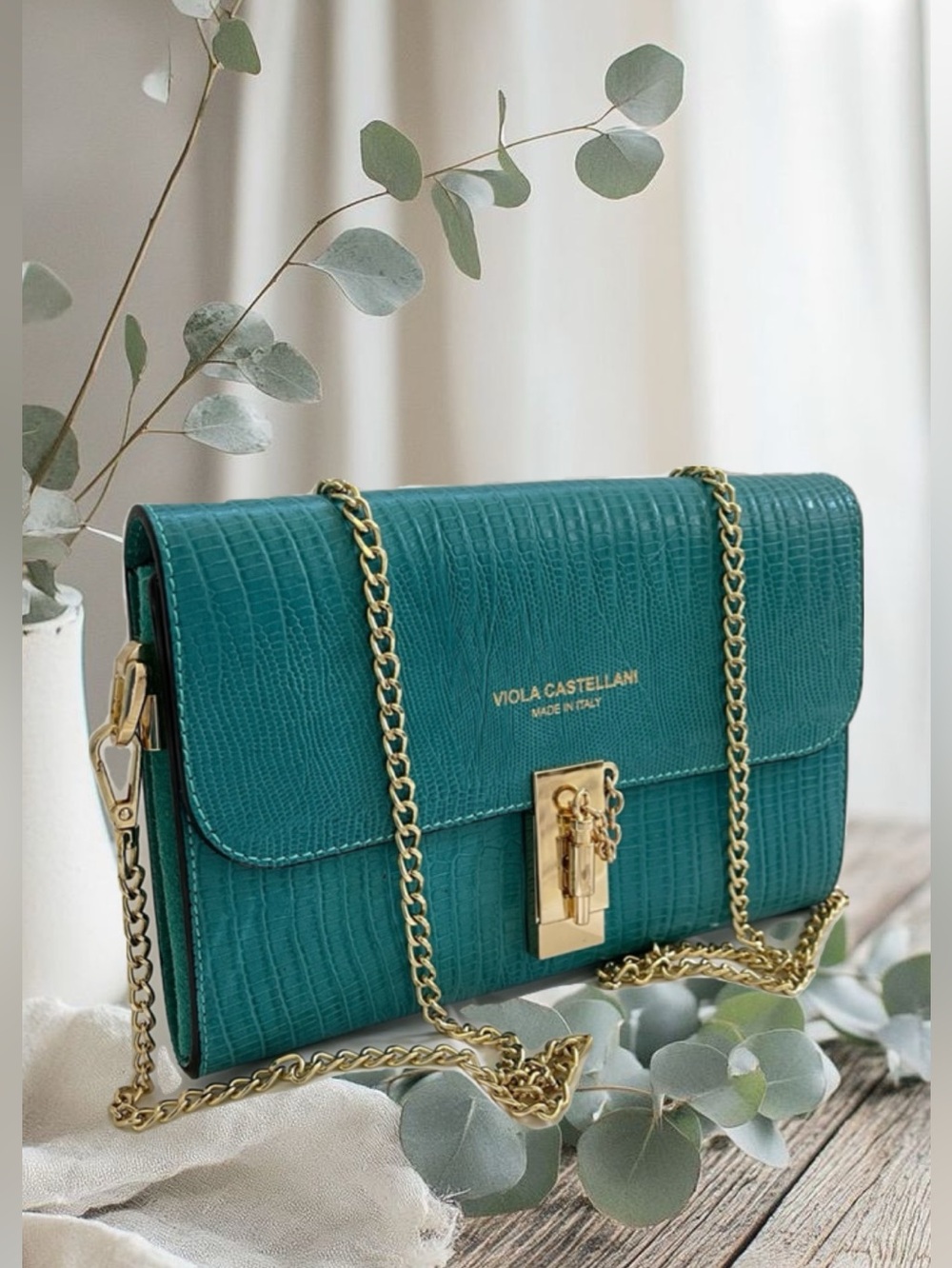 Viola Castellani Genuine Italian
Leather Teal Crossbody Chain Purse exotic skins