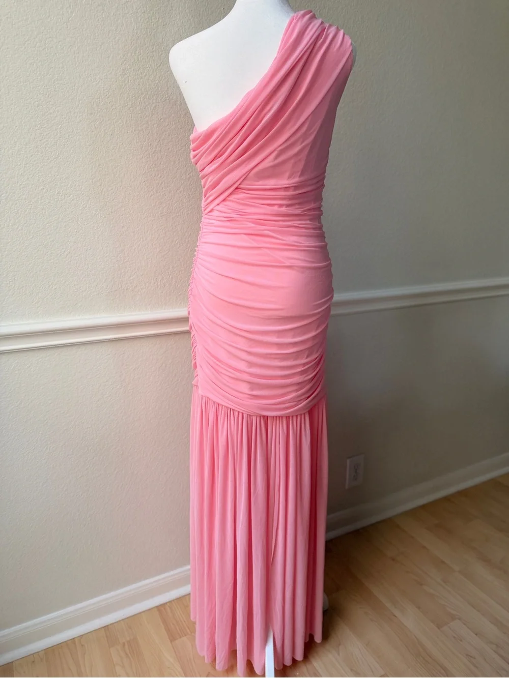 Barbie Pink One Shoulder Ruched Maxi Dress Mermaid Hem Formal Evening Gown L - Picture 2 of 9