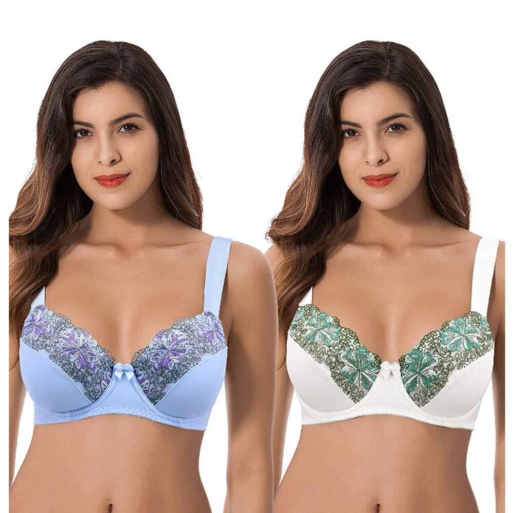 Curve Muse Womens Plus Size Minimizer Underwire Unlined Bra with Embroidery Lace