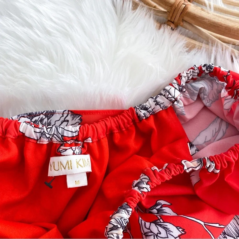 Yumi Kim Marquee Mini Dress Red Floral Off Shoulder Poppy Red Ruffle Tie Waist - Picture 6 of 11