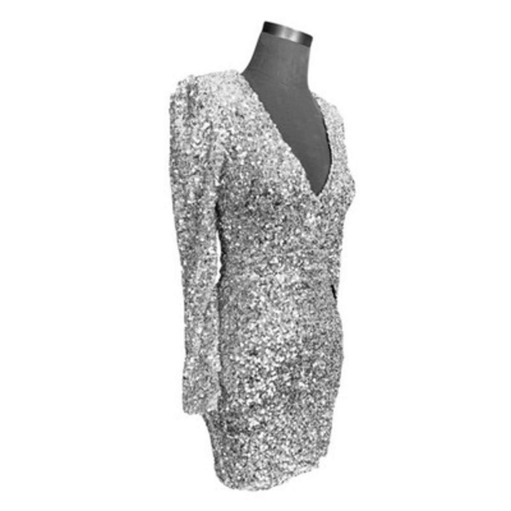 Lulus Silver Sequin Bodycon Mini Dress Size XS Long Sleeve V-Neck Lined NWT - Picture 5 of 8