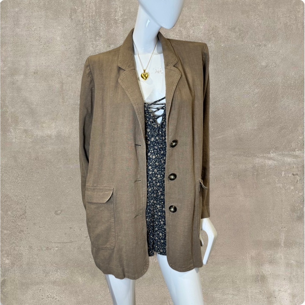 J.Jill Linen Blend Longline Blazer Tan Minimalist Jacket Oversized Neutral Linen