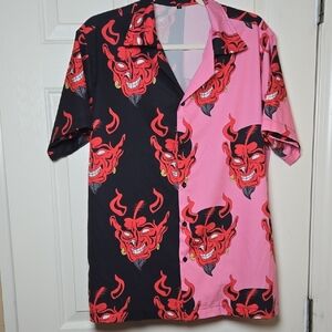 Hawaiian Devil Button Down Shirt Black & Pink Casual BOLD HARAJUKU STREETWEAR LG