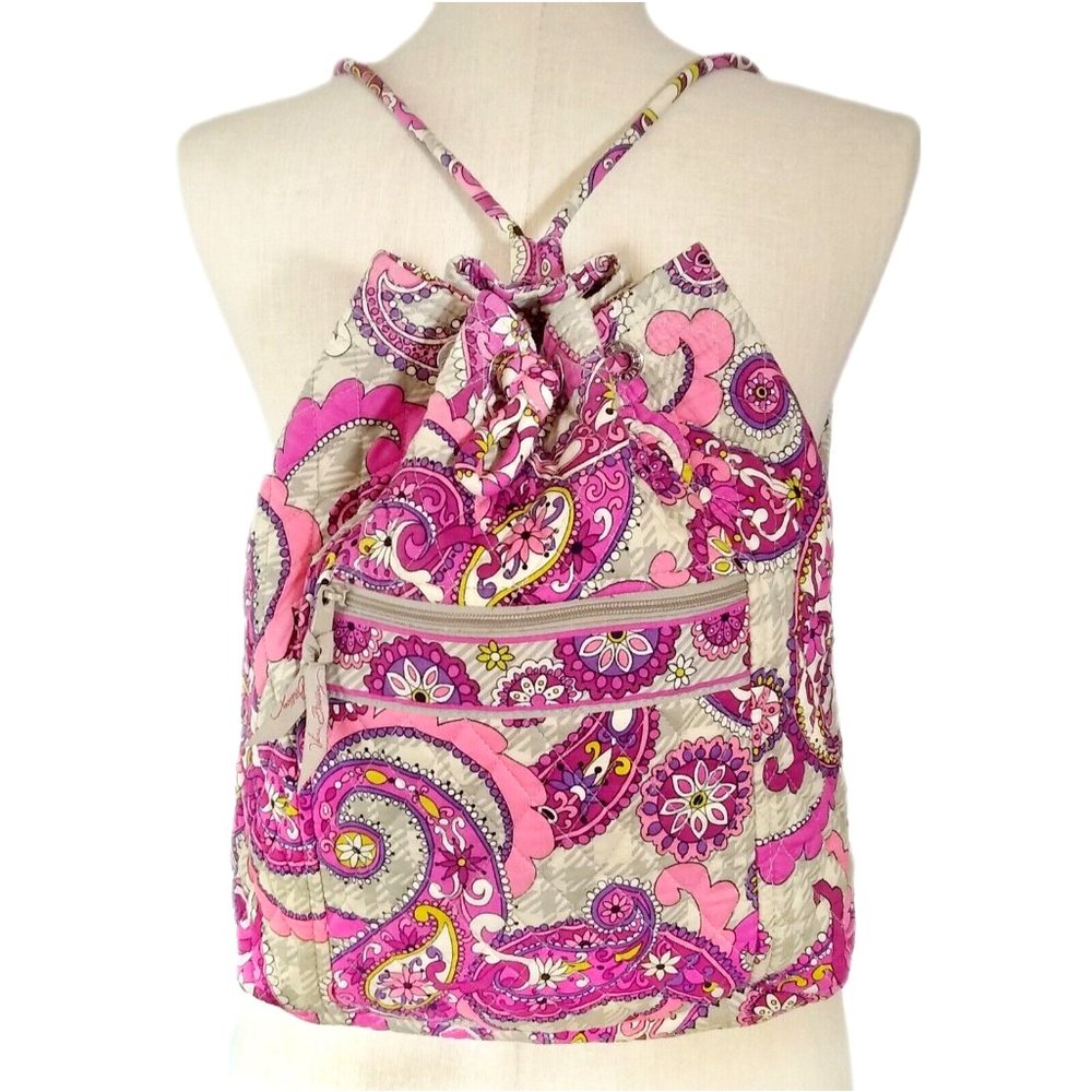 Vera Bradley Large Backpack, Drawstring in Paisley Meets Plaid EUC Pink Tan